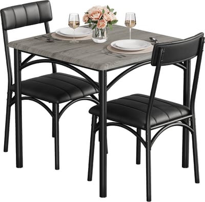 Eettafel Stoel Set 3-delig - 74 x 74 x 76 cm - Compact Ruimtebesparend Metalen Frame - Met 2 Beklede Stoelen - Kleine Eettafel voor Keuken of Eetkamer - voor Kleine Ruimtes - Grijs