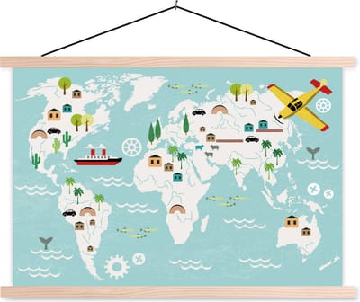 Wereldkaart voor kinderen lichtblauw schoolplaat platte latten blank 150x100 cm - Foto print op textielposter (wanddecoratie woonkamer/slaapkamer)