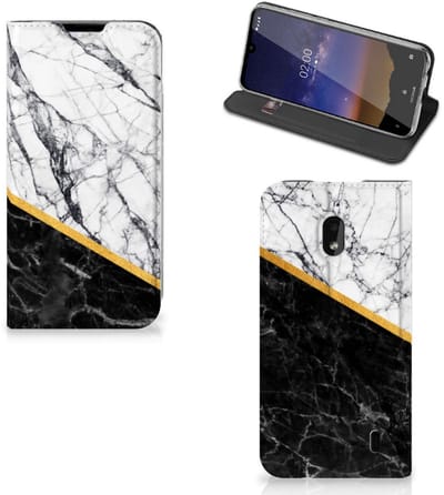 Standcase Hoesje voor Nokia 2.2 Standcase Marmer Wit Zwart - Origineel Cadeau Man