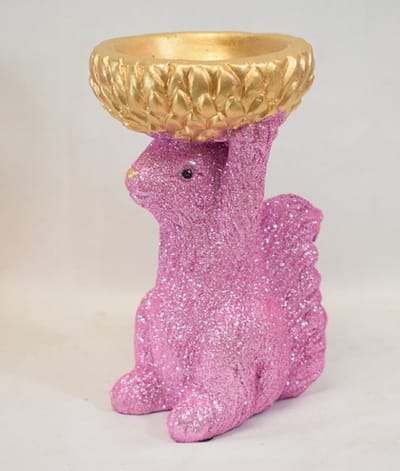 Daan Kromhout - eekhoorn - glitter - roze - aardewerk - met goud schaaltje - H17 x Br 10 x L8 cm - waxinelichtjeshouder