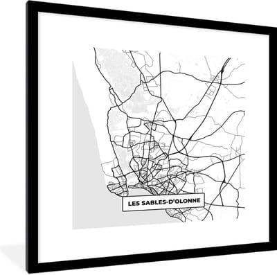 Fotolijst incl. Poster Zwart Wit- Frankrijk - Kaart - Les Sables-D'olonne - Plattegrond - Stadskaart - Zwart wit - 40x40 cm - Posterlijst