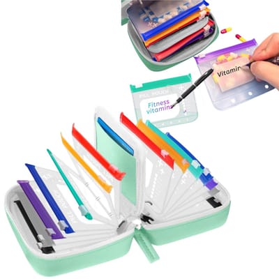 1 set - Waterdichte pillendispenser voor 7 dagen - Met compartimenten, draagbaar, grote capaciteit - Draagbare opbergdoos - Pillendispenser voor op reis - 15*11*6 cm - Voor op reis en thuisgebruik - Groen