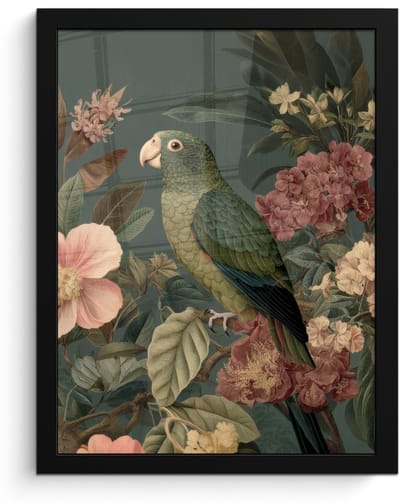 Poster in lijst - Fotolijst 30x40 cm - Posters - Groene papegaai - Kleurrijke bloemen - Donkere achtergrond - Posterlijst zwart - Decoratie - Wanddecoratie woonkamer - Muurdecoratie slaapkamer