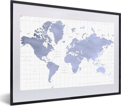 Poster in lijst - Fotolijst 60x40 cm - Posters - Wereldkaart - Blauw - Zee - Posterlijst zwart - Decoratie - Wanddecoratie woonkamer - Muurdecoratie slaapkamer