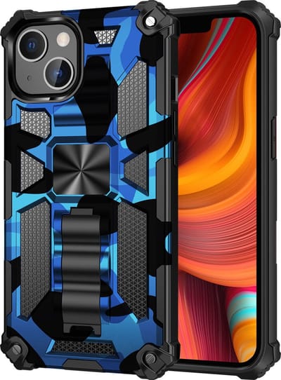 Geschikt voor iPhone 13 hoesje rugged extreme backcover met ring houder Camouflage - Blauw