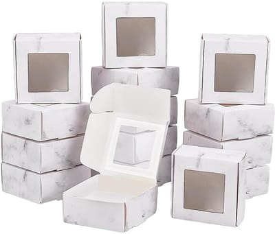 Dailygoods- Koekjesdozen Set van 30 - Marmeren Dozen met Venster - 6,5 x 6,5 x 6,5 cm - Geschenkdozen voor Bruiloft - Bewaren van Snoep en Desserts - Ideaal voor Feesten
