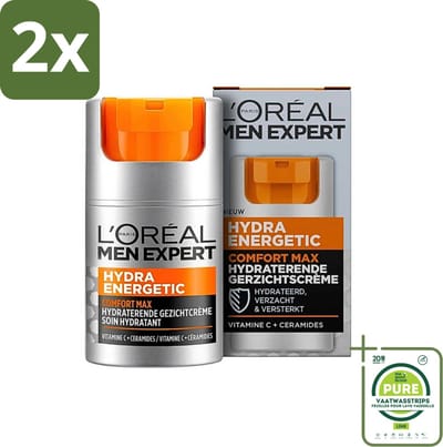 L'Oréal Paris Men Expert Hydra Energetic Comfort Max - Dagcrème - Hydraterend voor Droge Huid - 50 ml - Voordeelverpakking - 2 stuks - Dagcrème voor mannen - Hydratatie voor droge huid