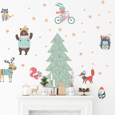 Kerstboom- en Scandinavische dierenstickers - zelfklevende kerststickers - feestdecoraties - 180x120cm