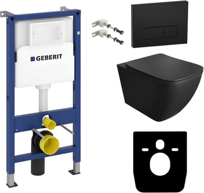 Inbouwreservoir Complete Toiletset Geberit Duofix Basic - Inbouw WC Hangtoilet Wandcloset ONIL BLACK Zwart Mat - Bedieningsplaat DELTA Zwart - Voorwandelement - Installatiesysteem