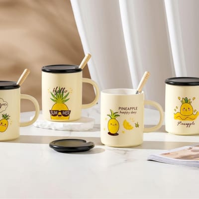 Home Set Fruit Serie Keramische Mok met Deksel Lepel Leuke Ananas Mok met Handvat Grote Inhoud Mok Duurzaam Duurzaam 400ML