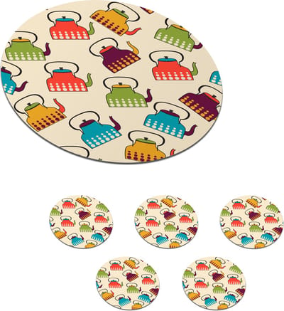 Onderzetters voor glazen - Rond - Design - Retro - Theepot - Kleuren - 10x10 cm - Glasonderzetters - 6 stuks