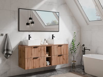 Vente-unique Geribbeld hangmeubel voor badkamer met nissen en dubbele vierkante opbouwwastafel - Licht naturel - L140 cm - ZEVARA