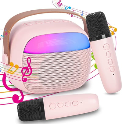 Professionele Karaoke Compleet, Draagbare Bluetooth Karaoke Speaker met 2 Microfoons en Lichten Kinder- en Volwassenenfeestjes, Verjaardagsgeschenken voor Meisjes, Jongens en Familiefeestjes thuis（Roze）