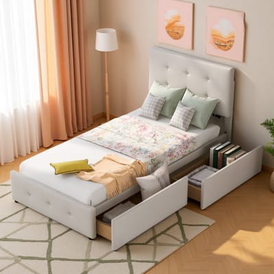 Kinderbed 90x200cm met 2 lades, gewatteerd hoofdeinde, voor meisjes en jongens, fluweel, beige