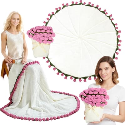 Gehaakt Rozenboeket - Bloemendeken Bloemstuk - Tijdloos Cadeau - 68 Handgehaakte Rozen - 110x110cm - Roze