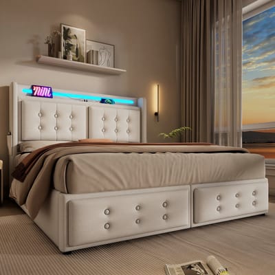 VVBV Gestoffeerd Opbergbed 160x200 cm - Hydraulische Opbergruimte, USB, Lattenbodem - Hout/Metaal Beige - Zonder Matras