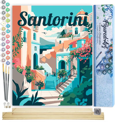 Figured'Art Schilderen op Nummer Volwassenen canvas Reisposter Santorini in Bloei - Handwerk acrylverf Kit DIY Compleet - 40x50cm met DIY houten lijst