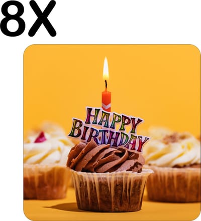 Luxe Placemat - Happy Birthday - Verjaardag Cupcake met Geel Oranje Achtergrond - Set van 8 Placemats - 50x50 cm - 2 mm dik Vinyl - Anti Slip - Afneembaar