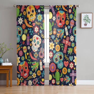Dia De Los Muertos Schedel Transparante Gordijnen voor Woonkamer Transparant Tule Raamgordijn Slaapkamer Keuken Huisdecoratie Sluier Draperieën 135W x 114H(cm) blue