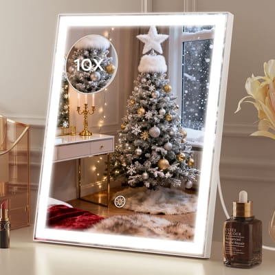 ANTENLICHT - Make Up Spiegel - 30x25CM - Make-Up Spiegel Met Verlichting - Scheerspiegel - 10x Vergroting - 3X LED Lichtstanden - Dimbaar - Draaibaar - Oplaadbaar - Wit