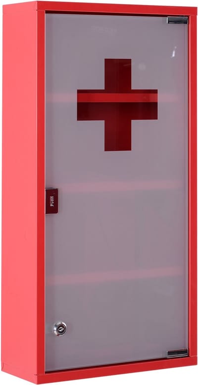 MODFU Medicijnkast - Afsluitbaar En Tip-On - Strak - Voor Thuis En Kantoor - Staal En Glas - Rood - 30 X 12 X 60 Cm