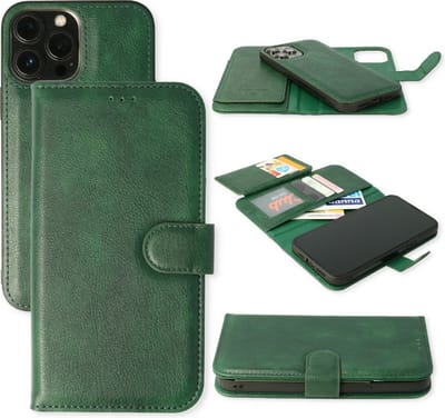 Casemania Hoesje Geschikt voor Apple iPhone 13 - Groen - 2 in 1 Luxe Kunstlederen Portemonnee Book Case met Extra Vakken