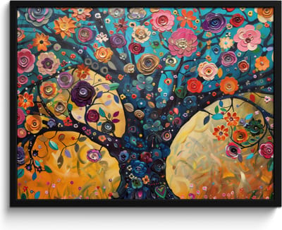 Poster in lijst - Fotolijst 80x60 cm - Posters - Boom - Levensboom - Kleurrijk - Bloemen - Modern - Posterlijst zwart - Decoratie - Wanddecoratie woonkamer - Muurdecoratie slaapkamer