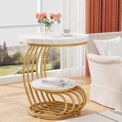 Tribesigns Moderne Ronde Bijzettafel - 2-laags Imitatiemarmeren Salontafel op Stevig Metalen Frame - Wit en Goud - Woonkamertafel, Kleine Tafel voor Woonkamer Slaapkamer