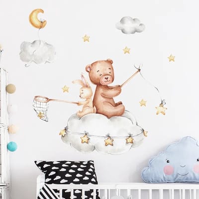 Beer en Konijn op Wolk - Kinderkamer Muursticker / Bear and Bunny on Cloud - Nursery Wall Sticker