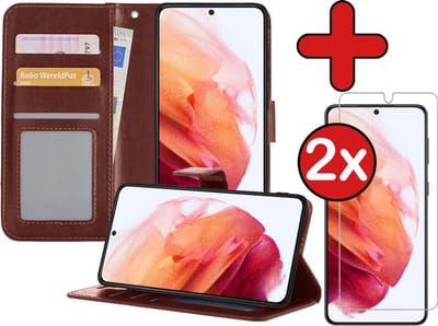 Hoesje - Met 2x Screenprotector - Geschikt voor Samsung Galaxy S21 - Luxe Pasjeshouder - Flip Case - Bookcase Portemonee - Kunstleer Book Case - Flipcase Hoes - Book Cover - Walletcase - Portemonneehoes - Telefoonhoes - Bruin