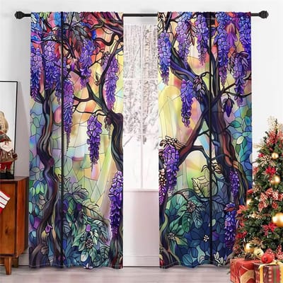 Glastuile Wisteria Bloem Gordijnen Rood Groen Blauw Tuin Abstract Woonkamer Slaapkamer Raam Decor Gordijnen 2 Panelen 50W130H(CM)X2PCS&Rod Pocket