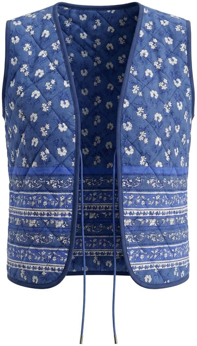 Ulla Popken - Dames - Doorgestikte bodywarmer bloemen strikbandje mouwloos - Atlantisch blauw - Maat 58+