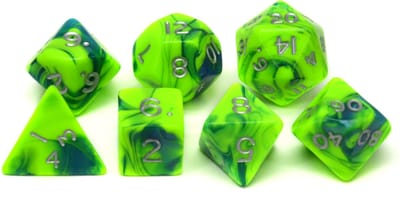 HOT Games dobbelstenen set kunststof groen-blauw 7 stuks zakje.
