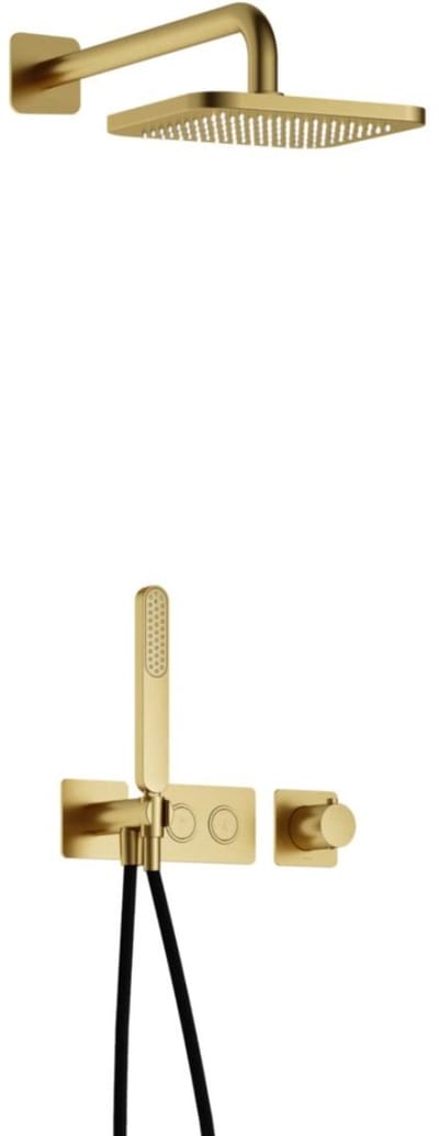 Hotbath Gal IBS41 inbouw regendoucheset met staafhanddouche aan houder en 22cm vierkante hoofddouche aan 35cm wandarm geborsteld messing PVD