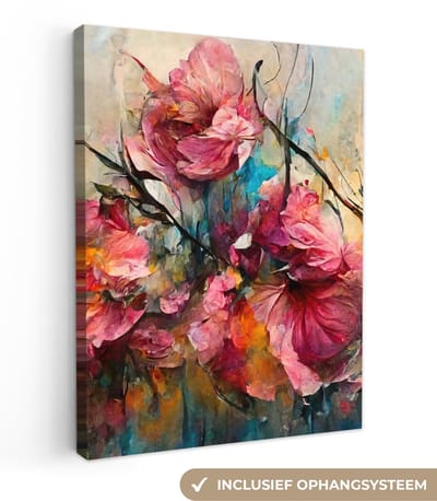 Canvas schilderij bloemen - Kunst - Roze - Canvas doek - Schilderijen op canvas - Woonkamer decoratie - Slaapkamer - 30x40 cm - Wanddecoratie - Foto op canvas - Muurdecoratie - Kamer decoratie