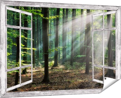 Gards Tuinposter Doorkijk Bos met Zon tussen de Bomen - 150x100 cm - Tuindoek - Tuindecoratie - Wanddecoratie buiten - Tuinschilderij