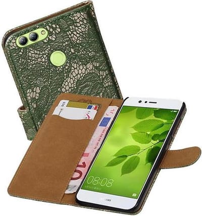 Lace Bookstyle Wallet Case Hoesjes Geschikt voor Huawei Nova 2 Donker Groen