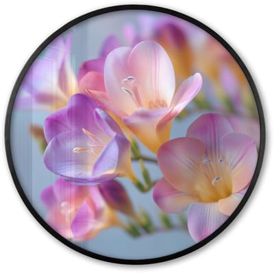 Poster in lijst Rond - Fotolijst 60x60 cm - Posters - Bloemen - Paars - Overloop - Meeldraden - Ronde posterlijst zwart - Decoratie - Wanddecoratie woonkamer - Muurdecoratie slaapkamer