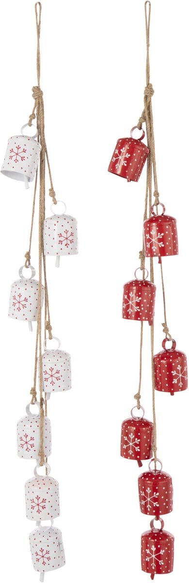 J-Line hanger 7 Bellen Sneeuwvlokjes - ijzer - wit/kerstrood - 2 stuks