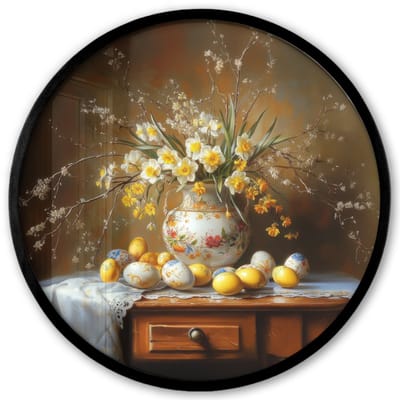 Poster in lijst Rond - Fotolijst 40x40 cm - Posters - Paaseieren - Stilleven - Vaas - Ronde posterlijst zwart - Decoratie - Wanddecoratie woonkamer - Muurdecoratie slaapkamer