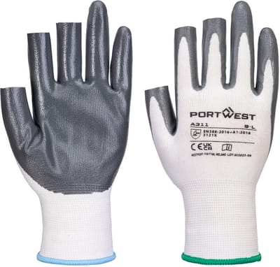 Portwest Grip 13 Nitril 3 vingerloze Handschoen (Pk12) - Wit/grijs - L