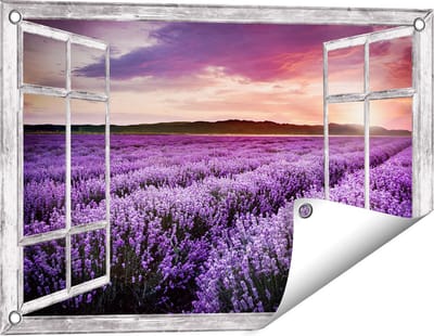 Gards Tuinposter Doorkijk Bloemenveld met Paarse Lavendel - Bloemen - 60x40 cm - Tuindoek - Tuindecoratie - Wanddecoratie buiten - Tuinschilderij