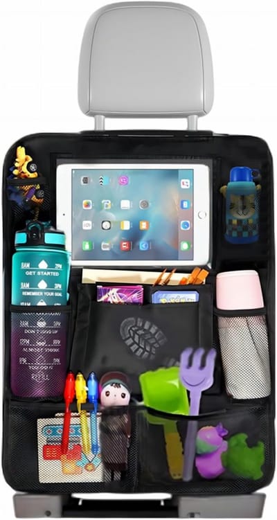 Famanu - Auto-organizer voor kinderen, 1 stuk auto-accessoires voor binnen, met vak voor tablet 10 inch, 10 vakken, rugleuning voor auto, stoelbescherming, zwart