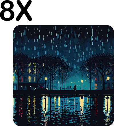 Luxe Placemat - Regenachtige Nacht - Skyline - Illustratie - Set van 8 Placemats - 50x50 cm - 2 mm dik Vinyl - Anti Slip - Afneembaar