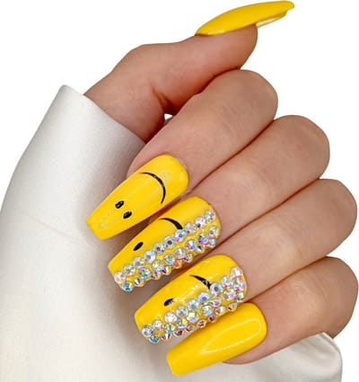 SD Press on Nails Luxury's - No. 165 Return of the Smiley - Lang Coffin - Bling - Plaknagels - Gelnagels - Handgemaakte Nagels - 20 stuks - Cosplay - Accessoires - (gel)Nagellak - Nepnagels - Nagelstudio - Nail Art - Nagels met lijm - Lange Nageltips