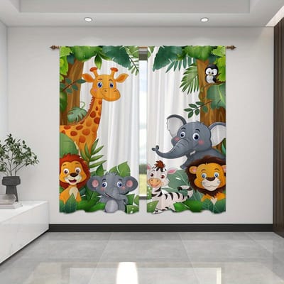 2 stuks Cartoon Dier Vos Leeuw Giraffe Jungle Print Gordijn Voor Slaapkamer Kantoor Keuken Jaloezieën Woonkamer Vloervenster Huisdecoratie 100W130H(CM)40x51in&Grommet Top
