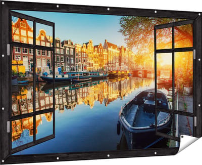Gards Tuinposter Doorkijk Amsterdamse Gracht bij Zonsondergang - 180x120 cm - Tuindoek - Tuindecoratie - Wanddecoratie buiten - Tuinschilderij