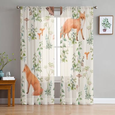 Bosplanten en vossen Transparante raamgordijnen voor woonkamer, slaapkamer, moderne voile tule gordijnen, stoffen gordijnen voor de keuken 135W x 137H(cm)
