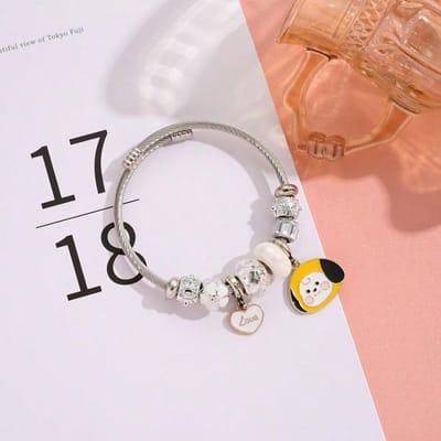 Duurzaam LINE FRIENDS BT21 Kpop Anime Stijl Roestvrij Staal Armband Koreaanse Stijl Cartoon DIY Jeugd Hartvormig Hanger Kristallen Armband beige