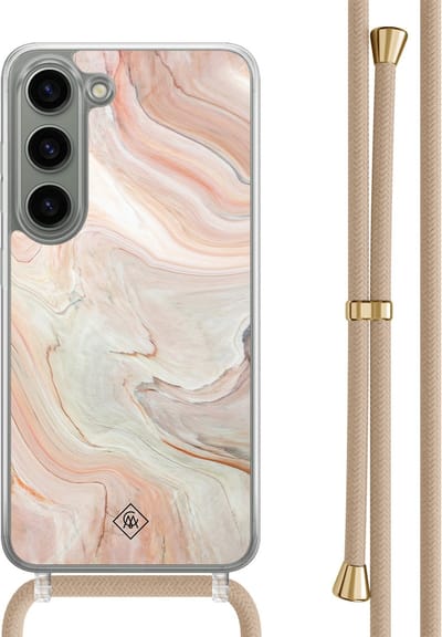 Casimoda® hoesje met beige koord - Geschikt voor Samsung S23 - Marmer Waves - Afneembaar koord - TPU/polycarbonaat - Bruin/beige